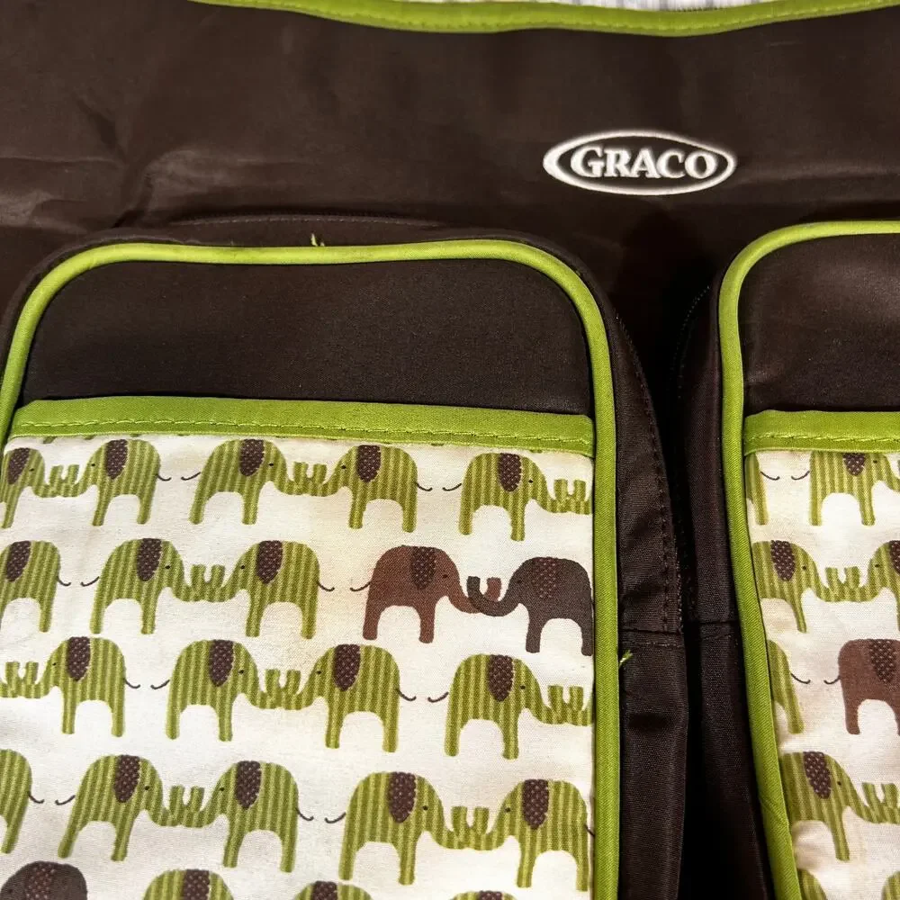 Graco Smart Organizer Diaper Bag with Pad Green Elephants 100% Polyester